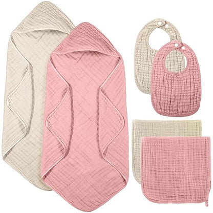 Hahafelt 6 Pcs Muslin Hooded Bath Towels Washcloths and Bibs Set, Muslin Cotton Baby Towels Absorbent Hooded Blanket Towel Infant Bibs for Boys Girls Newborn Infant Essential(Pink, Brown)
