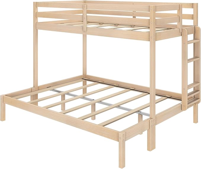 Grain & Grove Bear Twin XL Over Queen Bunk Bed, Sturdy Bunk Bed Frame for Kids, Plywood Bunk with Ladder, Guardrail, and Slats, No Box Spring Required, Oak Embossed Natural
