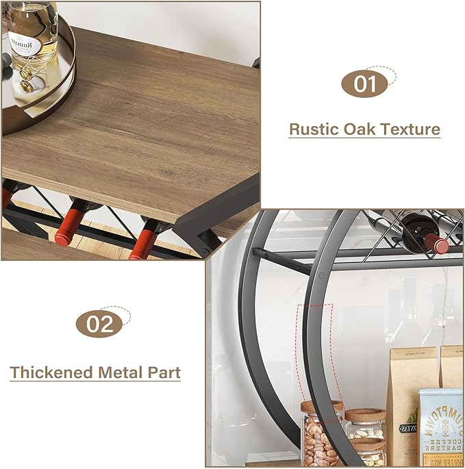 LVB Bar Cart with Wine Rack, 2 Tier Kitchen Cart on Wheels, Modern Wood and Metal Portable Coffee Cart Table for Home, Utility Industrial Mobile Serving Cart with Storage Shelf, Rustic Oak