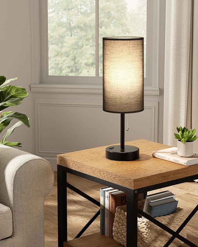 Fenmzee Large Black Bedside Lamps Set of 2-3 Color Temperatures Pull Chain Lamp with AC Outlet Charging Port, Two Round Night Stand Lamps for Bedroom Guest Room Office, Bed Side Light