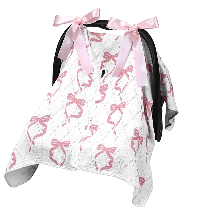 Tegeme 2-in-1 Pink Bow Muslin Baby Car Seat Cover Breathable Multi-use Nursing Infant Car Seat Cover Windproof Canopy for Breastfeeding Strollers Carriers