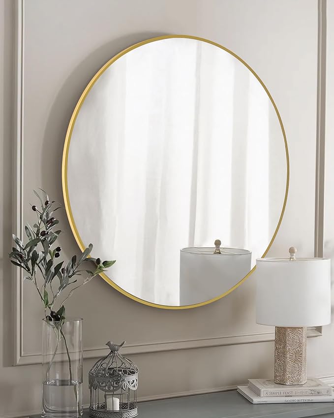 Gold Round Mirror,Bathroom 30 Inch Vanity Wall Mirror,Modern Circle Mirror for Wall,Wood Mirror for Bedroom Living Room Entryway