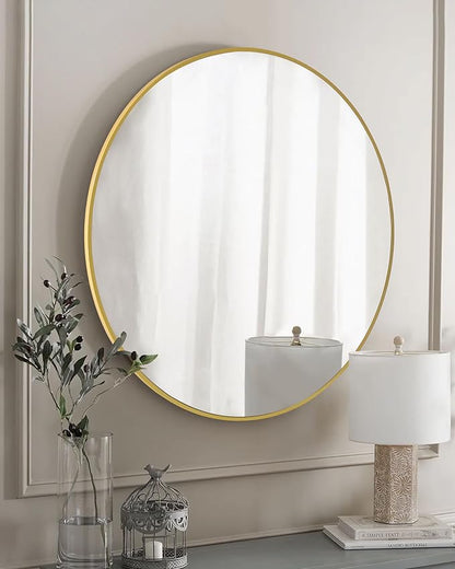 Gold Round Mirror,Bathroom 30 Inch Vanity Wall Mirror,Modern Circle Mirror for Wall,Wood Mirror for Bedroom Living Room Entryway