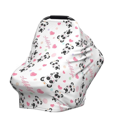Personalized Baby Car Seat Cover for Girls, Custom Panda Pink Nursing Covers for Breastfeeding with Name, Infant Stroller Cover, Baby Carseat Canopy for Newborn, Multiuse Car Seat Canopies