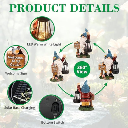 Garden Gnome Statues Figurine Lights - Solar Powered Lighting Outdoor Decorations with Lantern & Welcome Sign, Yard Art Lawn Ornaments for Porch Patio Balcony - Gnome Gifts for Women Mom