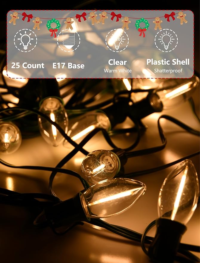 SUNSGNE C9 LED Christmas Lights Outdoor, Christmas Outdoor Lights with 27 LED Warm White Bulbs(2 Spare) for Xmas Holidays Roofline Patio Garden Party Wedding Decor