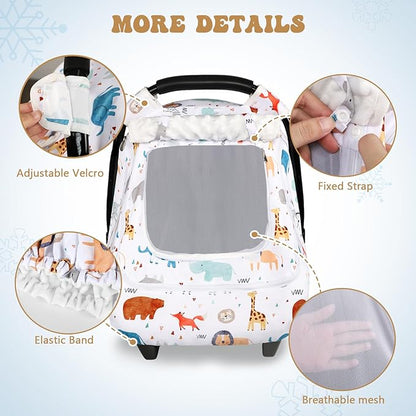 Baby Car Seat Cover for Boys, Infant CarSeat Covers with Mesh Man Fai Sky, Multi-Functional Newborn Canopy Breathable for Summer Winter, Windproof & Universal Fit, Animal