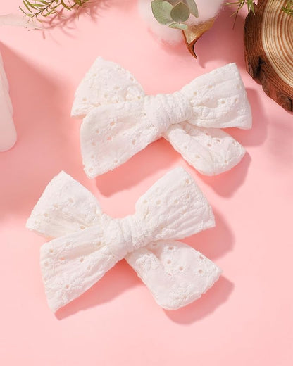 Jollybows 2pcs 3.2" Hair Bows Clips for Baby Girl Toddler Pigtail Neutral Linen Hair Clip Bows -White Eyelet