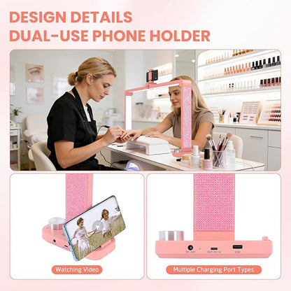 Half Moon Light for Nail Desk with Phone Holder, Large Square Nail Lamp for Desk, Professional Manicurist Desktop Lamp, LED Light Suitable for Manicures, Tattoos, and Sewing, Rhinestone Pink