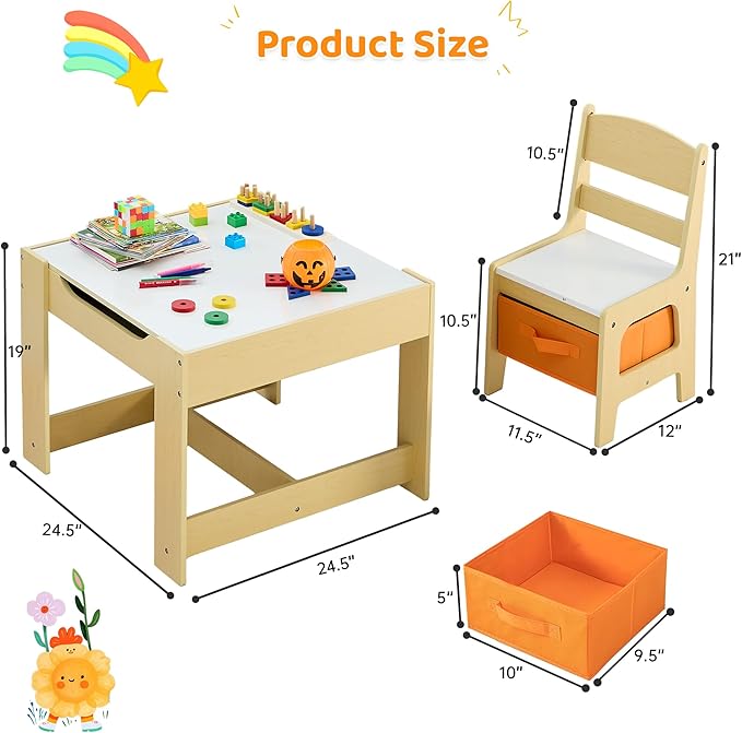 Kids Table and Chairs Set, 4 in 1 Wooden Kids Table with Reversible Tabletop, Children Activity Table with Removable Tabletop Storage, Toddler Table and Chair Set for Home, Nursery, Playroom