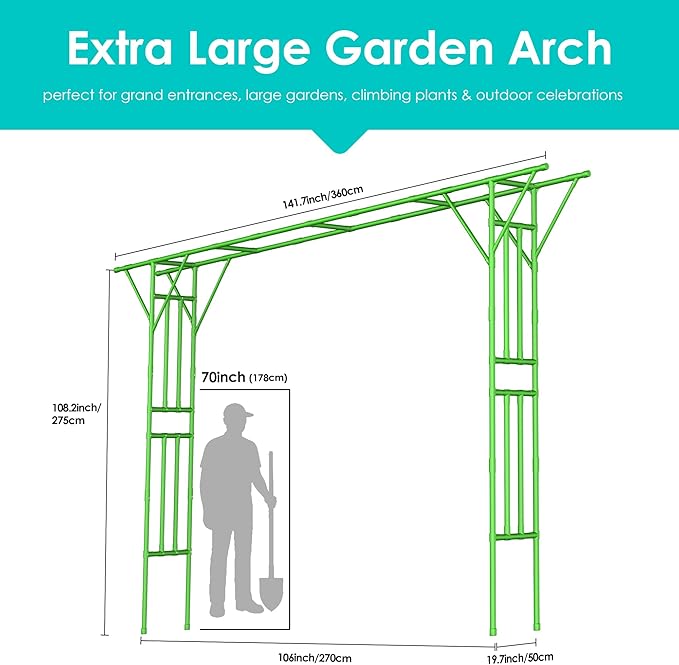 Flat Top Garden Arch Trellis 11FT x 9FT, Extra Large Garden Trellis for Climbing Plants Outdoor, 141.7in x 108in PE-Coated Metal Arbor Archway Trellis for Roses,Wisteria,Wedding,Patio Decoration Green