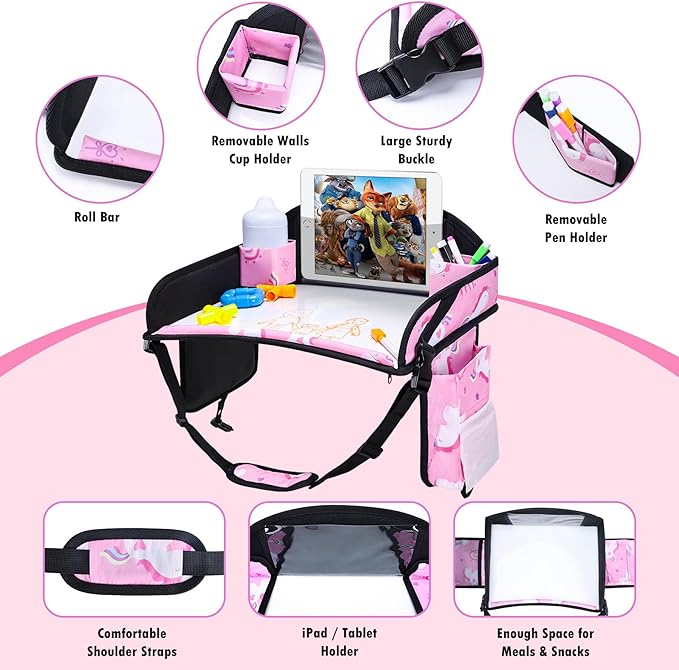 2PCS Kids Travel Tray, Car Seat Tray for kids Travel, Toddler Road Trip Essentials With Drawing Kit, Toddler Lap Desk Organizer for Car, Carseat Table for Airplane