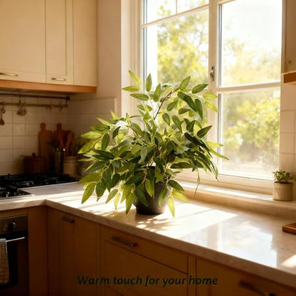 17.7" Tall Fake Plant Green Willow Leaves Artificial Indoor Faux Plant in Textured Black Ceramic Pot Realistic Decorative Plant for Home Office Bathroom Kitchen Bookshelf Small Space