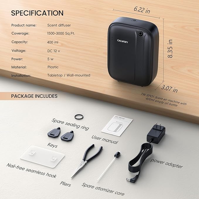 Waterless Diffuser, Hotel Scent Diffuser-Smart APP Control-400mL Capacity Up to 2000 Sq.Ft.-Cold Air Tech, Scent Diffusers for Home,Aromatherapy,Large Room,Spa,Commercial-Black Essential Oil Diffuser