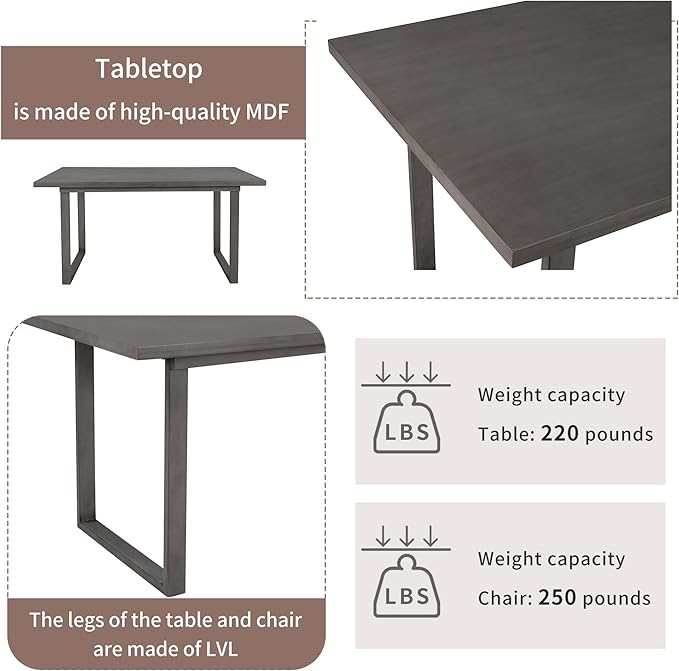 6 Pieces Dining Table Set with 60" Rectangle Kitchen Desk,Wooden Living Room Furniture W/ 4 Ladder Back Upholstered Chairs and 1 Bench,for Restaurant,Home Bistro,Gray