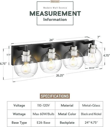 Bathroom Light Fixtures, 4-Light Black and Brushed Nickel Bathroom Vanity Light, 26 Inch Modern Wall Sconces with Globe Clear Glass Shade, Vanity Lighting Fixtures Over Mirror, VL195-KN-4