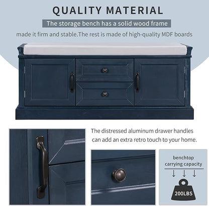 Entryway Storage Bench with Drawers & Cabinets — Cushioned Shoe Storage Bench for Hallway, Mudroom, or Living Room, Solid Wood Frame (Antique Navy)