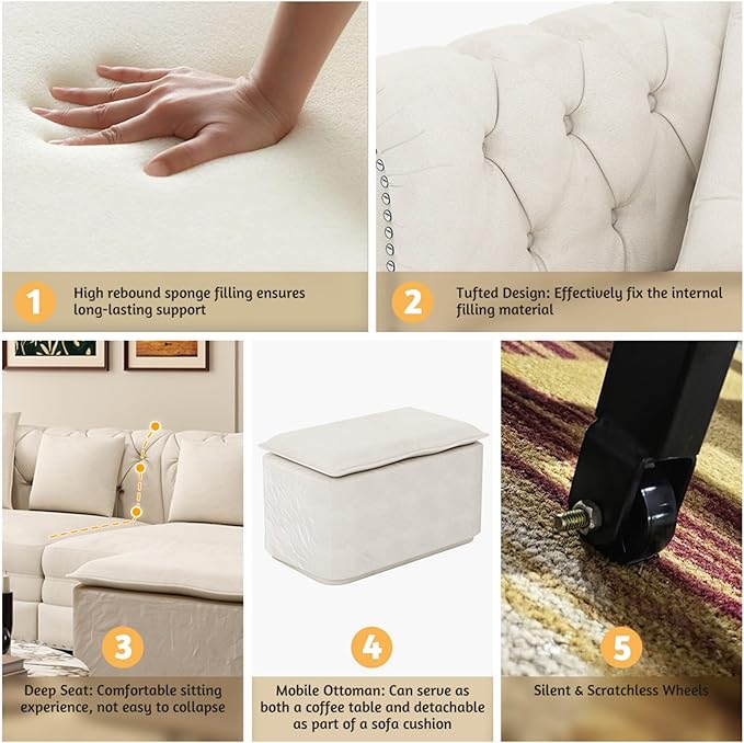 KEIKI 3-in-1 Velvet Chesterfield Sofa Bed with Ottoman, Convertible King Size Sleeper Couch, Rolled Arm Design, Comfortable 3-Seater for Living Room or Bedroom, Beige