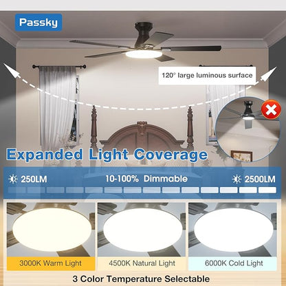 Passky Ceiling Fans with Lights, 52 inch Flush Mount Ceiling fan with Remote Control, Low Profile Ceiling Fan for Bedroom, Farmhouse, Reversible, 3CCT, Dimmable, Noiseless DC Motor, Black