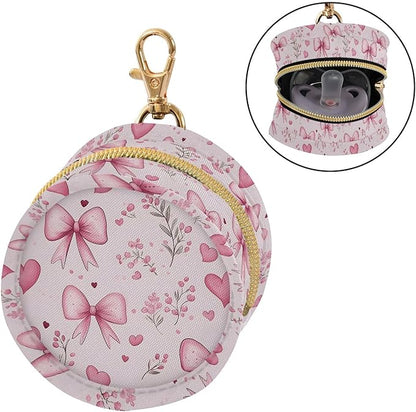 Pacifier Case with Hook Pink Bows Flower Pattern Pacifier Holder Pod Easily Attaches to Diaper Bag or Purse