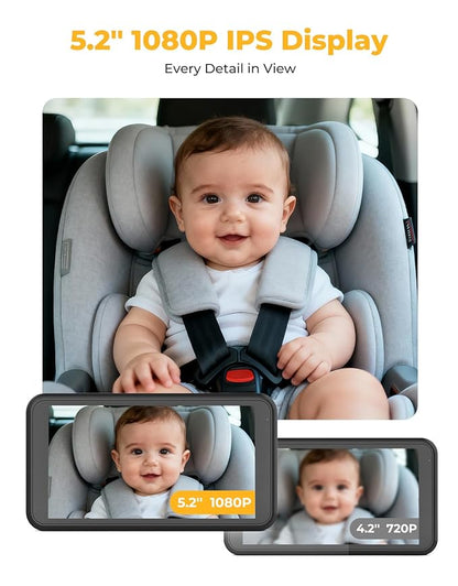 Luckview BM2A Baby Car Camera, Night Vision & 5.2" 1080P Display for Rear-Facing Car Seats, Easy No-Damage Install, Patented Anti-Shake Mount – Ideal for Parents and Pet Owners