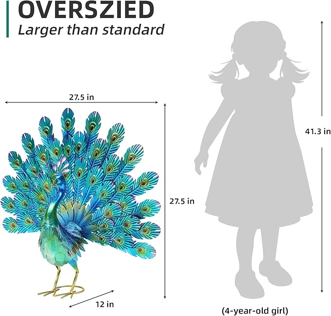27.5" Tall Metal Peacock Garden Statue - Handmade, 3D Textured, Tail Spread Sculptures for Patio, Garden or Entryway.
