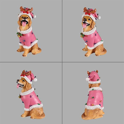 Christmas Outdoor Decoration Dog Statue, LED Light Cute Golden Retriever Dog Sculpture with Pink Santa Outfit & Lights for Garden and Yard, Indoor Holiday Décor Gift for mom and dad