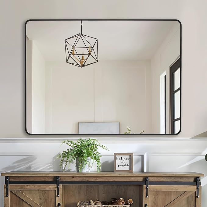 36"x48" Bathroom Wall Mirror with Matte Black Metal Frame & HD Glass, Copper-Free Mirrors Modern Rectangle Round Corner Framed Vanity Mirror - Horizontal or Vertical Installation