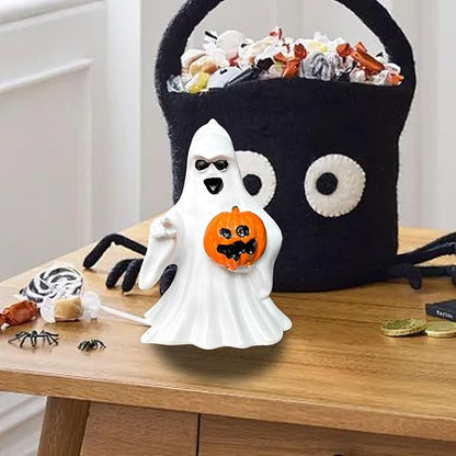 1 Pcs Halloween Ghost Figurine Decor with Pumpkin Cute Resin Ghost Statue, Funny White Sculpture Ghost Decor for Spooky Halloween Home Mantel Tabletop Decorations Indoor