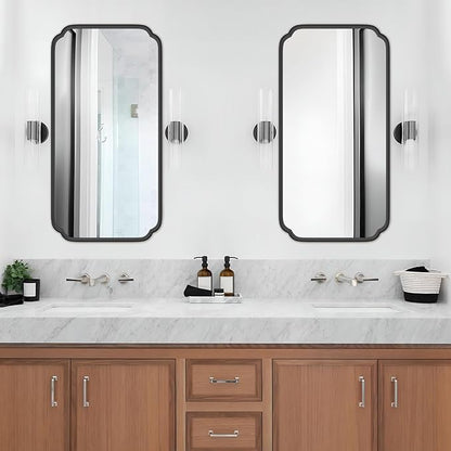 48 x 24 Inch Black Bathroom Vanity Mirror for Wall with Metal Frame Modern Rectangle Rounded Corner Wall Decor Mirror for Big Bathroom Over Sink (Horizontal/Vertical)