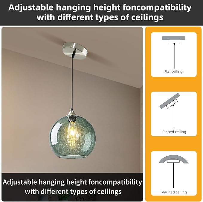 Modern 3-Pack Glass Globe Pendant Lights, Gray Green Modern Pendant Lighting for Kitchen Island, Glass Hanging Lamps for Dining Room Living Room Bedroom, Large 9.85 Inch Fixture (Bulbs Not Included)