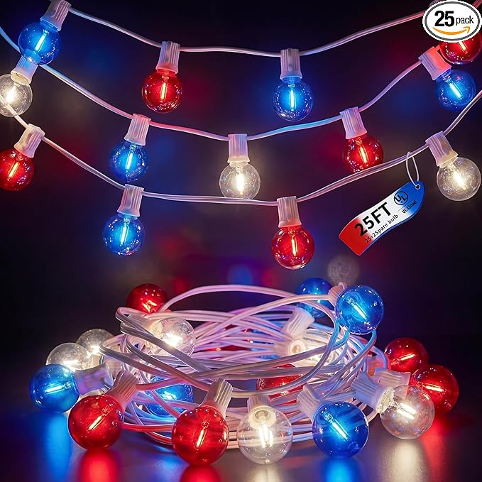 4th of July String Lights, 25FT Outdoor Patio Lights with 27 LED G40 Red White Blue Bulbs (2 Spare), Waterproof Connectable Lights for Patriotic Party Garden Decor