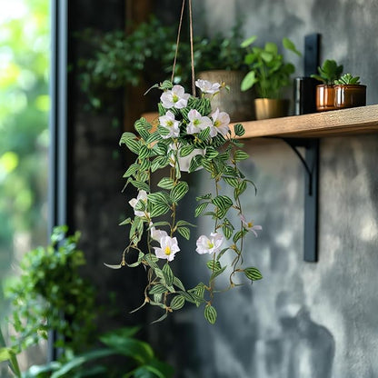 2PCS Artificial Hanging Plant with Pot Faux Hanging Plants Small Hanging Plants Pot with Artificial Vines and Flower Greenery Decoration for Living Room Wall Home Wall Shelf (Stripe White)