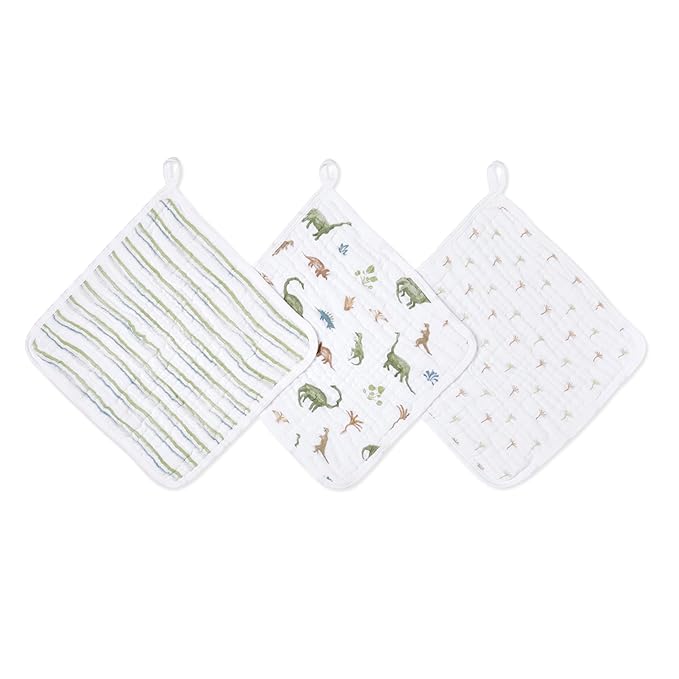 aden + anais Essentials Washcloth 3-Pack, Super Soft 100% Cotton Muslin, Gentle on Skin, 3 Absorbent 11x11 Layers, Softer with Every Use, Perfect for Babies, Infants, Toddlers, Dino Jungle