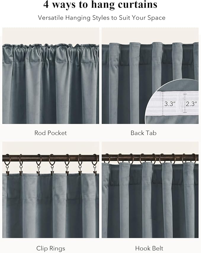 StangH Stone Blue Velvet Curtains 90 inches Long for Living Room, Back Tab Light Blocking Thermal Insulated Privacy Drapes for Nursery Bedroom Dining Room, W42 x L90, 2 Panels