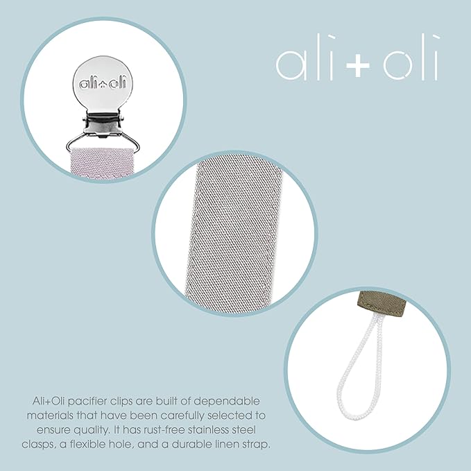 Ali+Oli Linen Strap Pacifier Clip (Sky) Set of 3 (10" x 1") Baby Pacifier Holder for Newborn Pacifiers & Teethers, Binky Clips, Silicone-Free Pacifier Clips