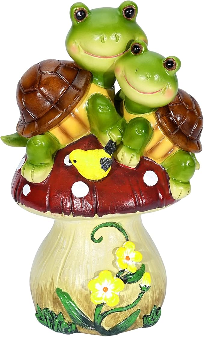 Solar Light Turtle Garden Statue, Turtle on Mushroom Figurine, Lovely Tortoise Garden Statue with 5 LED Lights for Patio, Balcony, Yard, Housewarming, Lawn Ornament, Outdoor Lawn Decor