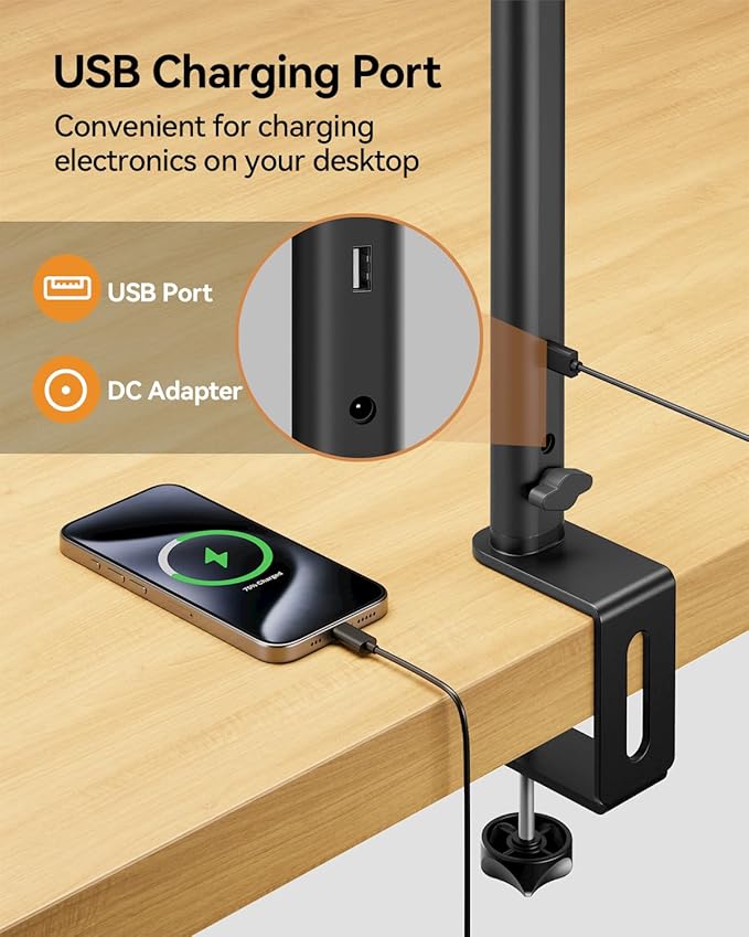 LED Desk Lamp for Home Office - 24W Eye-Caring Architect Clamp Light for Dual Monitors, Bright Task Light with USB Port, Touch Dimming, 5 Colors & 50 Modes, Flexible Gooseneck for Read, Study, Craft