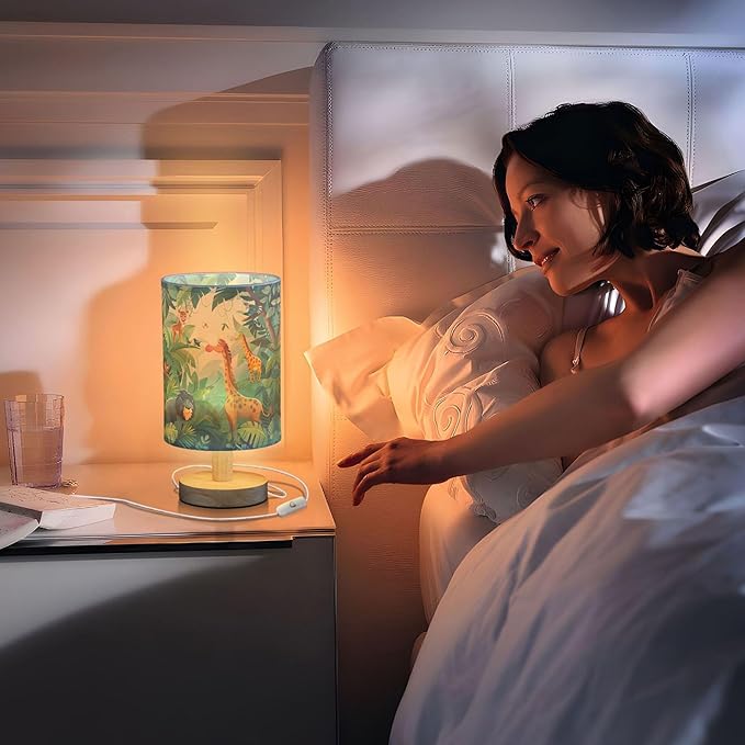 Table Lamp Forest Animal Giraffe Lion Tiger Bird Parrot Tropical Leaves Nightstand Lamp with Wood Base Fabric Lamp Shade Bedside Desk Lamp for Living Room Bedroom Kids Room Office