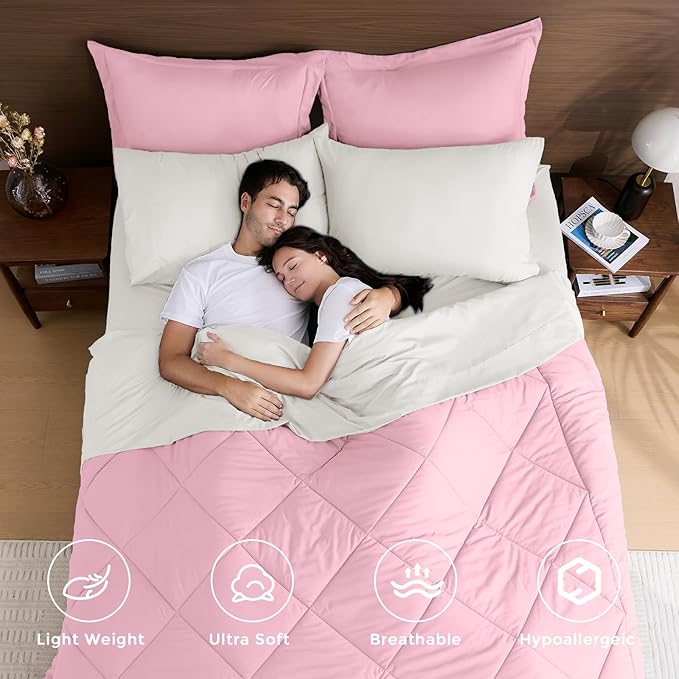 HEVUMYI Queen Comforter Set - 7-Piece All Season Bed in a Bag Queen, Ultra Soft Bedding Set with Comforter, Flat Sheet, Fitted Sheet, Pillowcases, Pillow Shams, Pink & Ivory