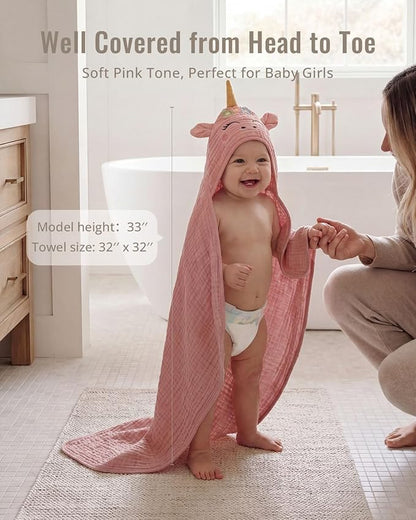 Blissful Diary Muslin Baby Hooded Towel 2 Pack, Soft & Absorbent Bath Towel for Infant, Toddler, Unisex, Baby Gift, Newborn Essentials, Sunny Duck & Dreamy Unicorn