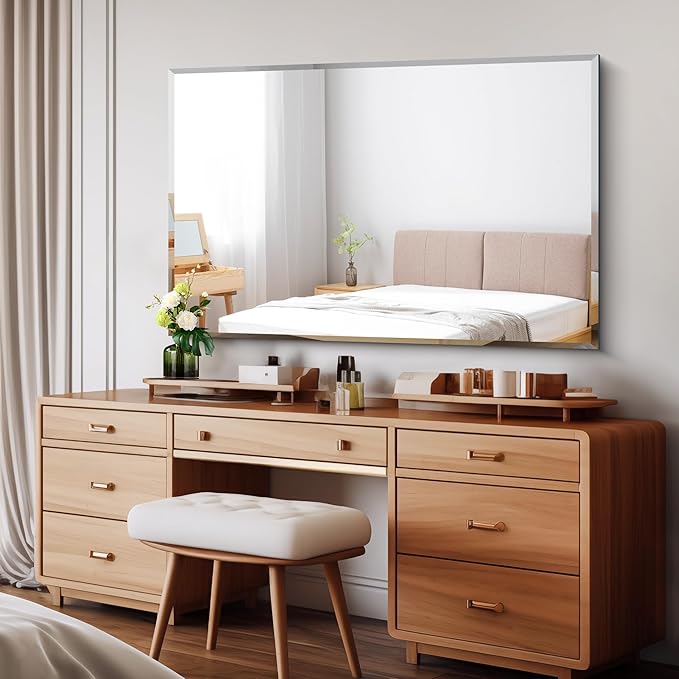 Beveled Bathroom Mirror, 30x48 Inch Large Frameless Mirrors for Wall, Upgraded Shatterproof Beveled Frameless Vanity Mirror for Bathroom,Bedroom,Living Room and Entryway