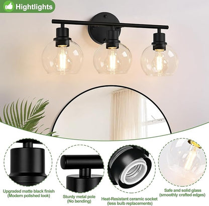 Indoi 3-Light Bathroom Light Fixtures, Black Bathroom Lights Over Mirror with Clear Glass Globe Shade, Vanity Lights for Bathroom Kitchen Living Room Hallway Cabinet Bedroom Porch.
