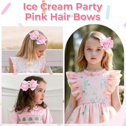 2PCS Hair Bows for Baby Girls Birthday - 6th Birthday Hair Bow Sweet Theme with Ice Cream Party, Pink Hair Accessories for Baby Toddler 1 2 3 4 5 6 Years, Outfit & Decorations