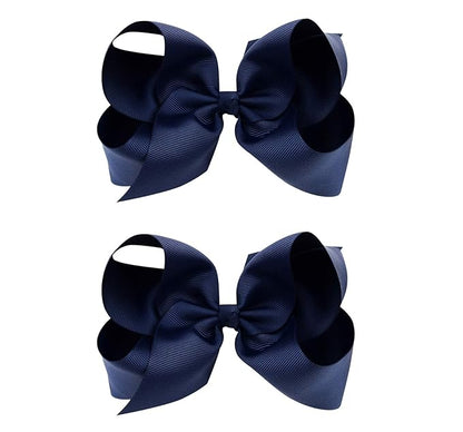 DEEKA 2 PCS 6" Big Hand-made Grosgrain Ribbon Solid Color Hair Bows Alligator Clips Hair Accessories for Little Teen Toddler Girls Kids Set of 2 -Navy Blue