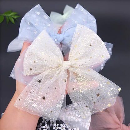 Large Tulle Bow Hair Clips for Baby Girls - Lace Hair Bows, Women's Cottagecore Barrettes - Lightweight Gauze - Moon Star & Blue Foil