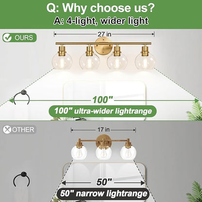 Indoi 4-Light Bathroom Light Fixtures,Gold Modern Vanity Lights Over Mirror with Clear Glass Globe Shade, Bathroom Wall Sconces for Mirror Kitchen Living Room Hallway Cabinet Bedroom Porch