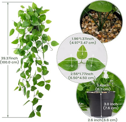 LOYWREE Small Fake Hanging Plant Artificial Potted Plants for Indoor Outdoor Aesthetic - 39in Realistic Faux Hanging Pothos with Ivy Vine for Shelf Decor in Home Office Gardens Greenery (Black Pot)