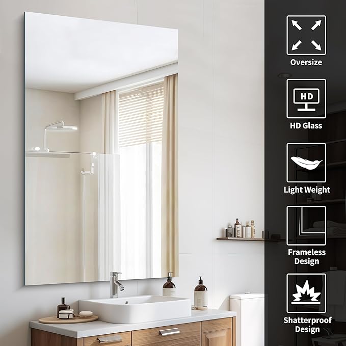 Frameless Mirror, 60x36 Large Bathroom Mirrors for Wall, Upgraded Shatterproof Rectangle Vanity Mirror Over Sink with Polished Edge for Bathroom,Bedroom,Living Room and Entryway