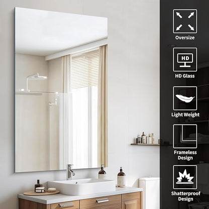 Frameless Mirror, 60x36 Large Bathroom Mirrors for Wall, Upgraded Shatterproof Rectangle Vanity Mirror Over Sink with Polished Edge for Bathroom,Bedroom,Living Room and Entryway